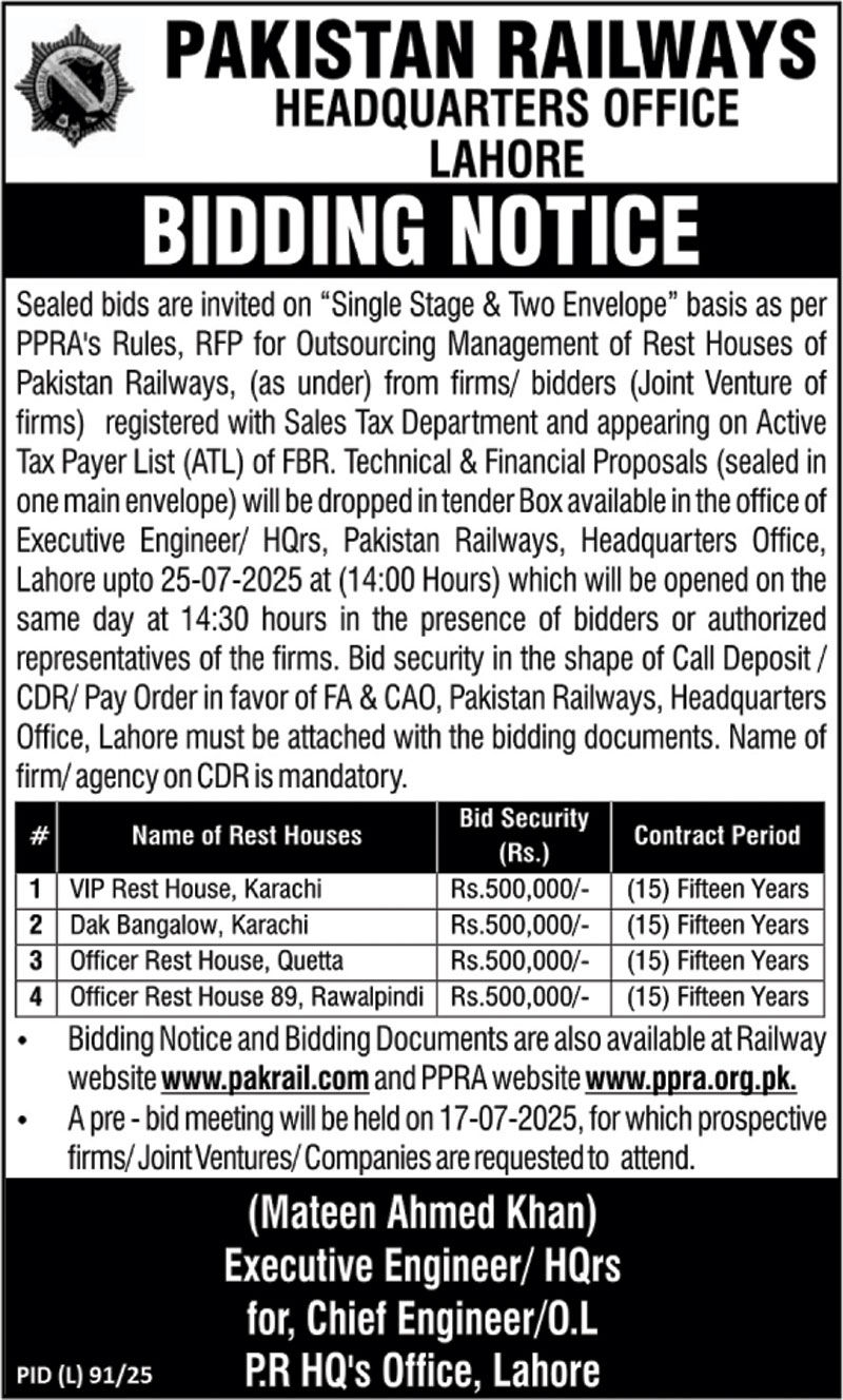 Pakistan Railways Lahore Tender Notice